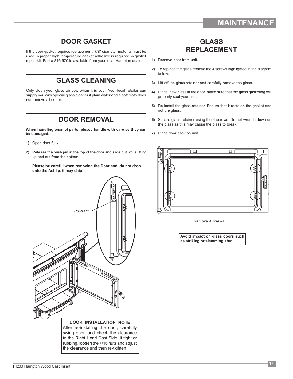 Maintenance, Door gasket, Glass cleaning | Glass replacement, Door removal | Regency Hampton HI200 Small Wood Insert User Manual | Page 17 / 24