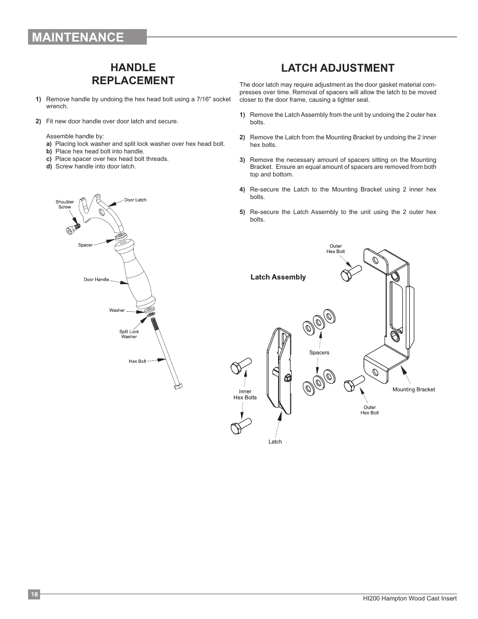 Maintenance, Handle replacement, Latch adjustment | Regency Hampton HI200 Small Wood Insert User Manual | Page 18 / 24