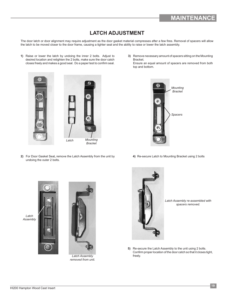 Maintenance, Latch adjustment | Regency Hampton HI200 Small Wood Insert User Manual | Page 19 / 24