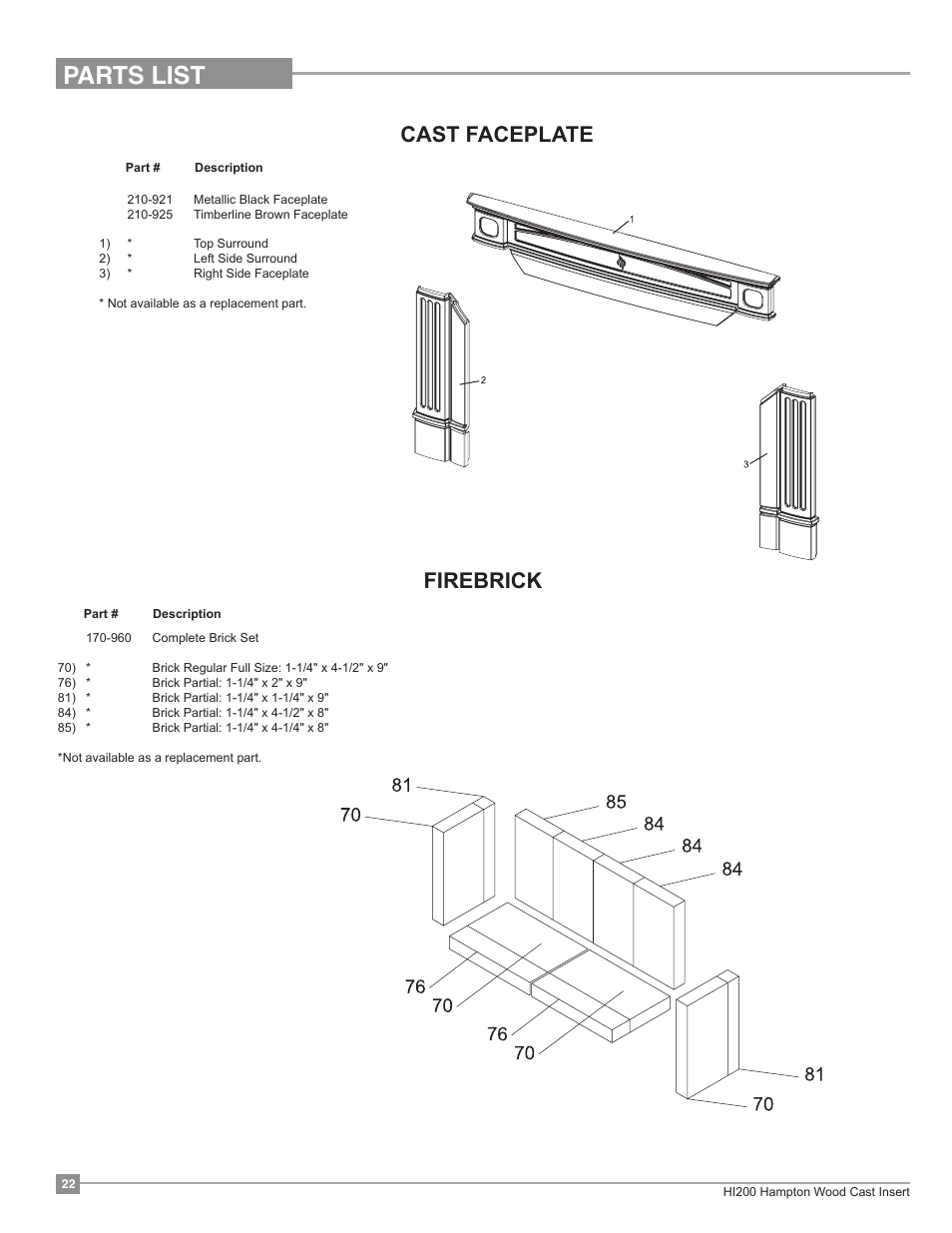 Parts list, Cast faceplate, Firebrick | Regency Hampton HI200 Small Wood Insert User Manual | Page 22 / 24