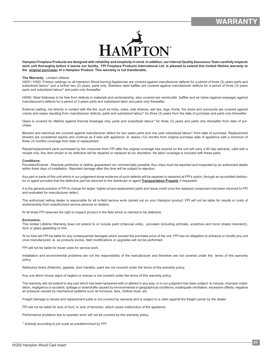 Warranty | Regency Hampton HI200 Small Wood Insert User Manual | Page 23 / 24