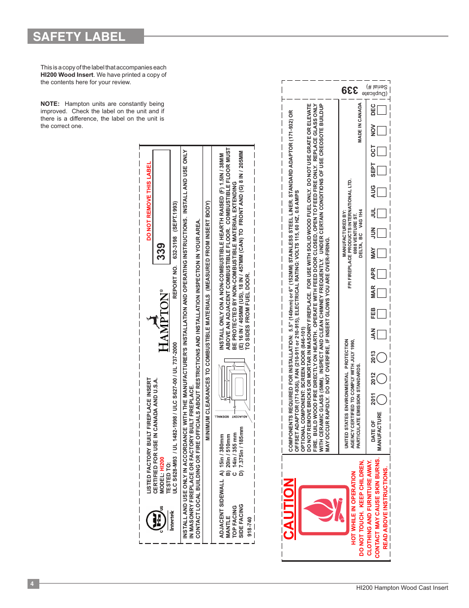 Caution, Safety label | Regency Hampton HI200 Small Wood Insert User Manual | Page 4 / 24