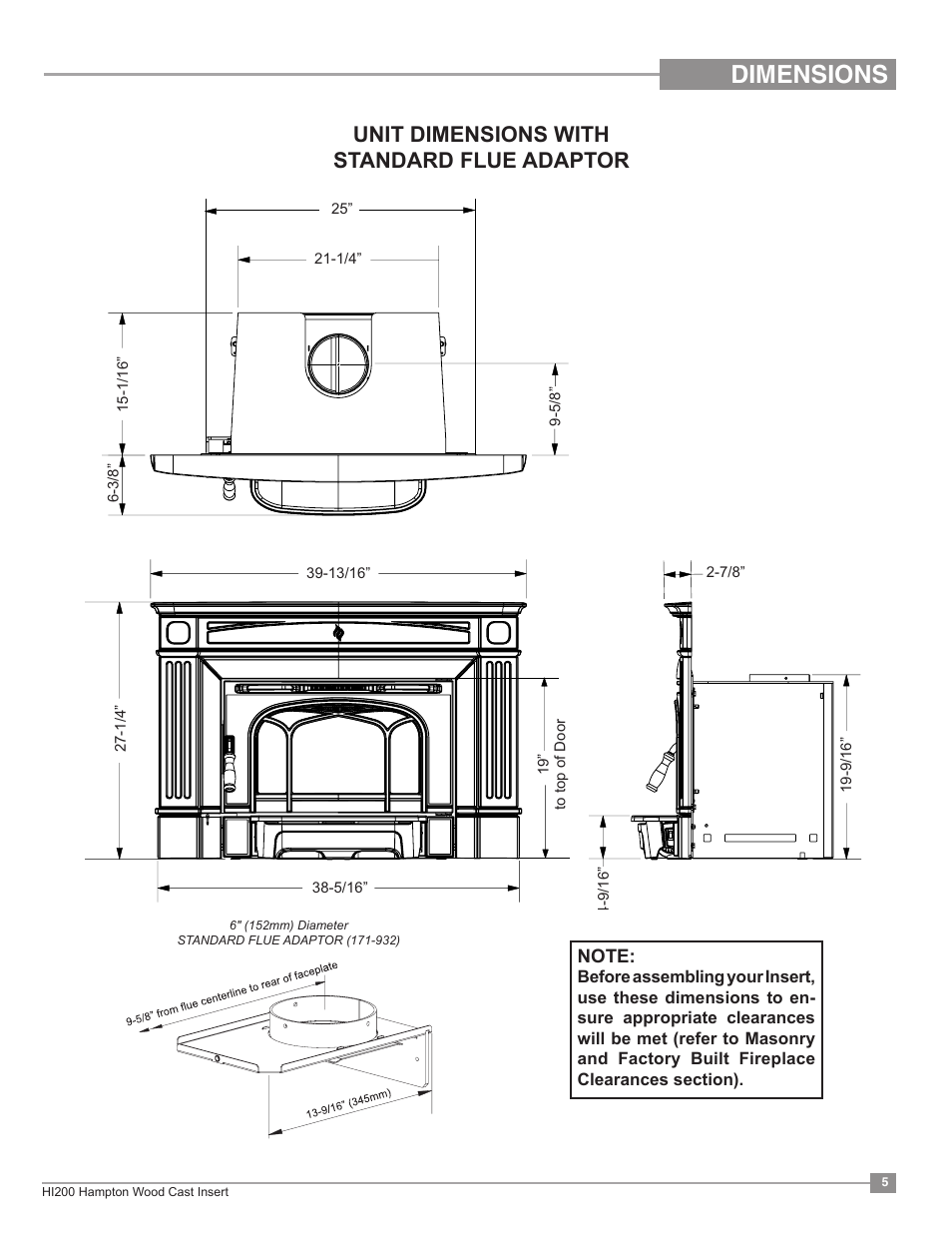 Dimensions, Unit dimensions with standard flue adaptor | Regency Hampton HI200 Small Wood Insert User Manual | Page 5 / 24