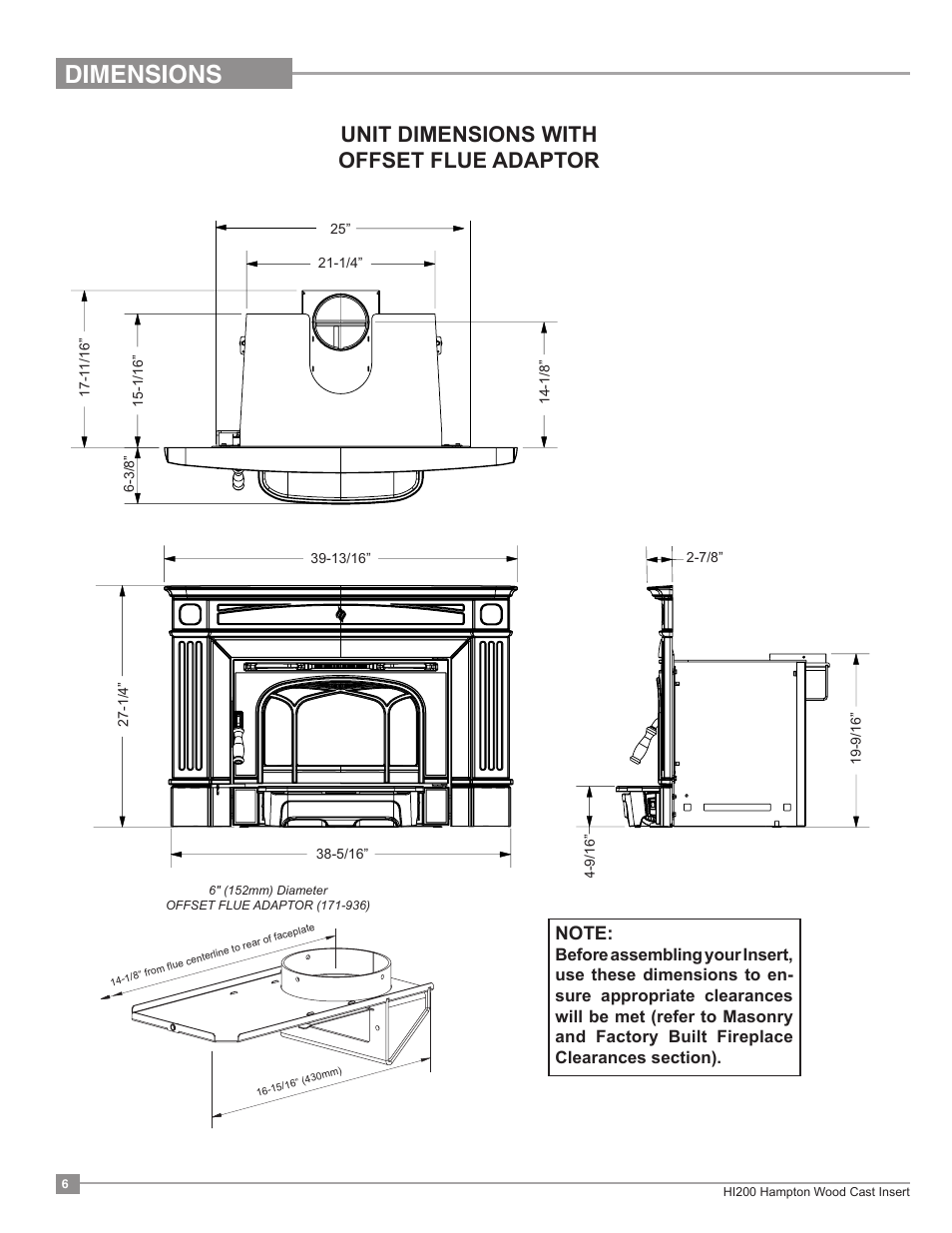 Dimensions, Unit dimensions with offset flue adaptor | Regency Hampton HI200 Small Wood Insert User Manual | Page 6 / 24