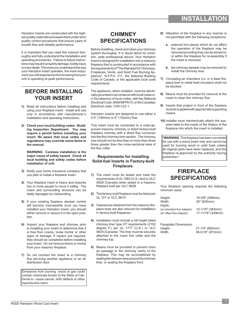 Installation, Chimney specifications, Before installing your insert | Fireplace specifications | Regency Hampton HI200 Small Wood Insert User Manual | Page 7 / 24