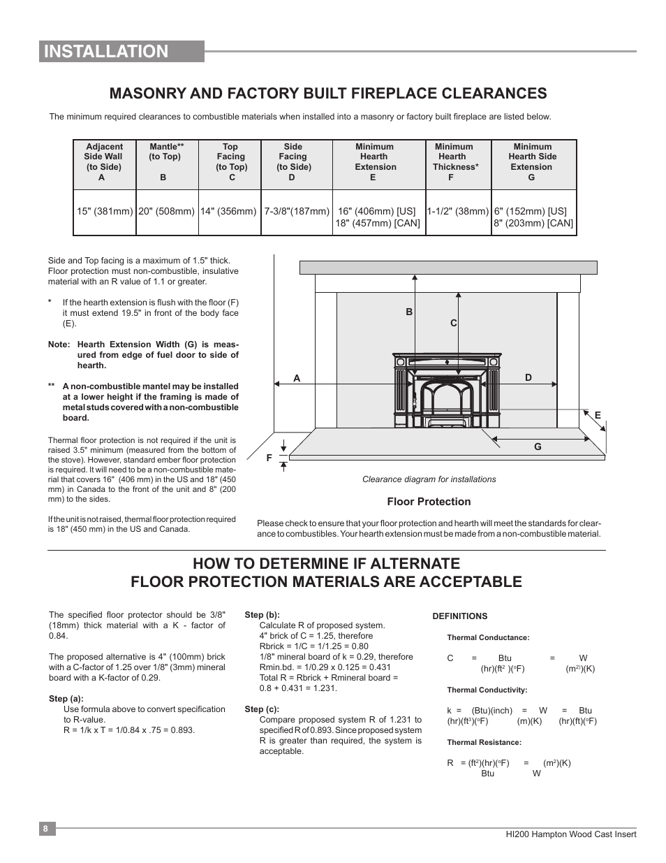 Installation, Masonry and factory built fireplace clearances | Regency Hampton HI200 Small Wood Insert User Manual | Page 8 / 24