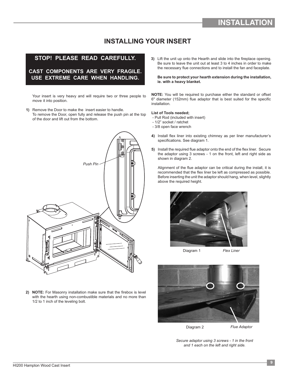 Installation, Installing your insert, Stop! please read carefully | Regency Hampton HI200 Small Wood Insert User Manual | Page 9 / 24