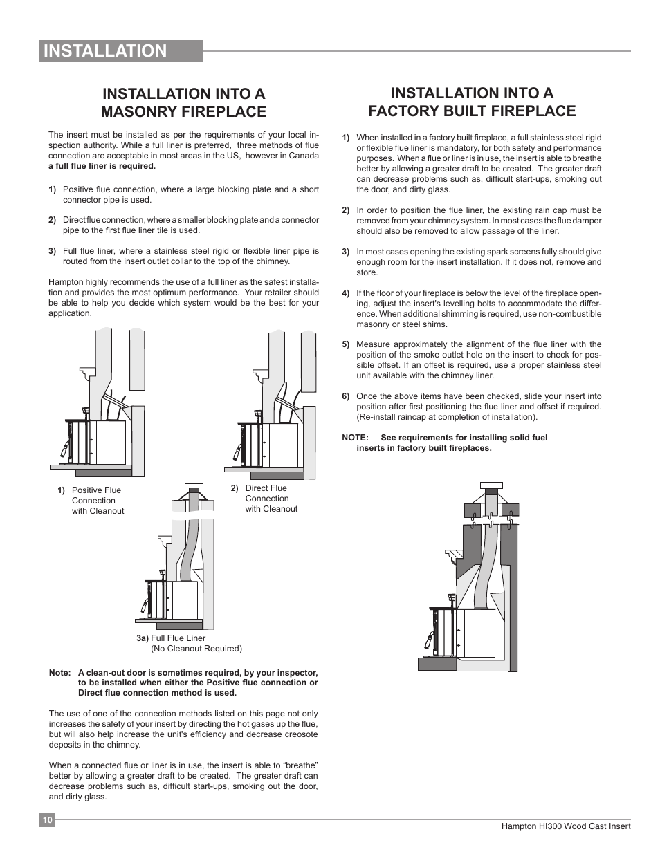 Installation, Installation into a masonry fireplace, Installation into a factory built fireplace | Regency Hampton HI300 Medium Wood Insert User Manual | Page 10 / 32