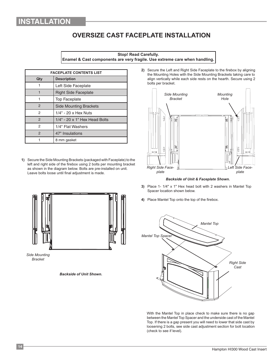 Hi300, Installation, Oversize cast faceplate installation | Regency Hampton HI300 Medium Wood Insert User Manual | Page 14 / 32