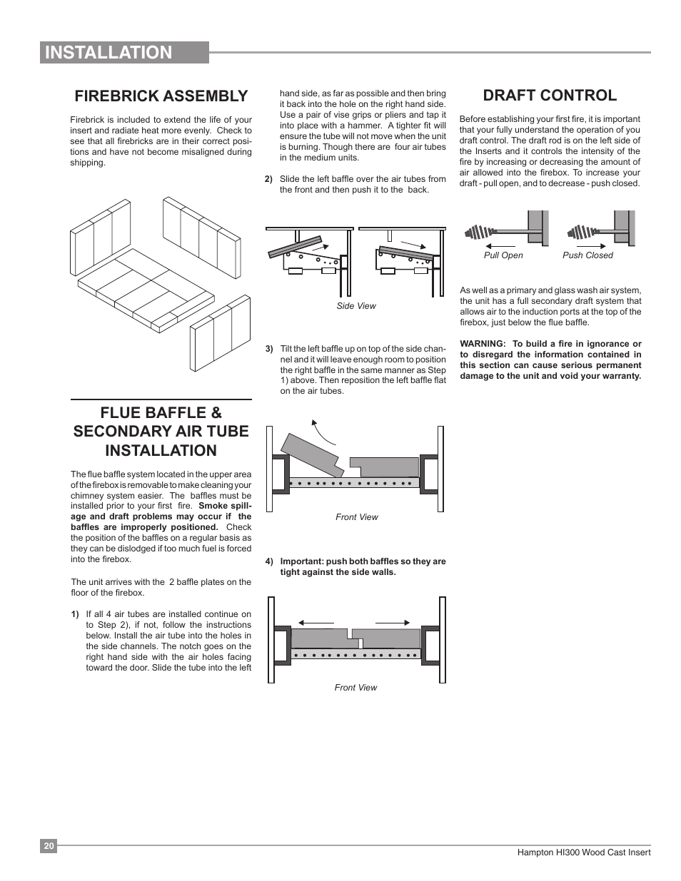 Installation, Draft control, Flue baffle & secondary air tube installation | Firebrick assembly | Regency Hampton HI300 Medium Wood Insert User Manual | Page 20 / 32