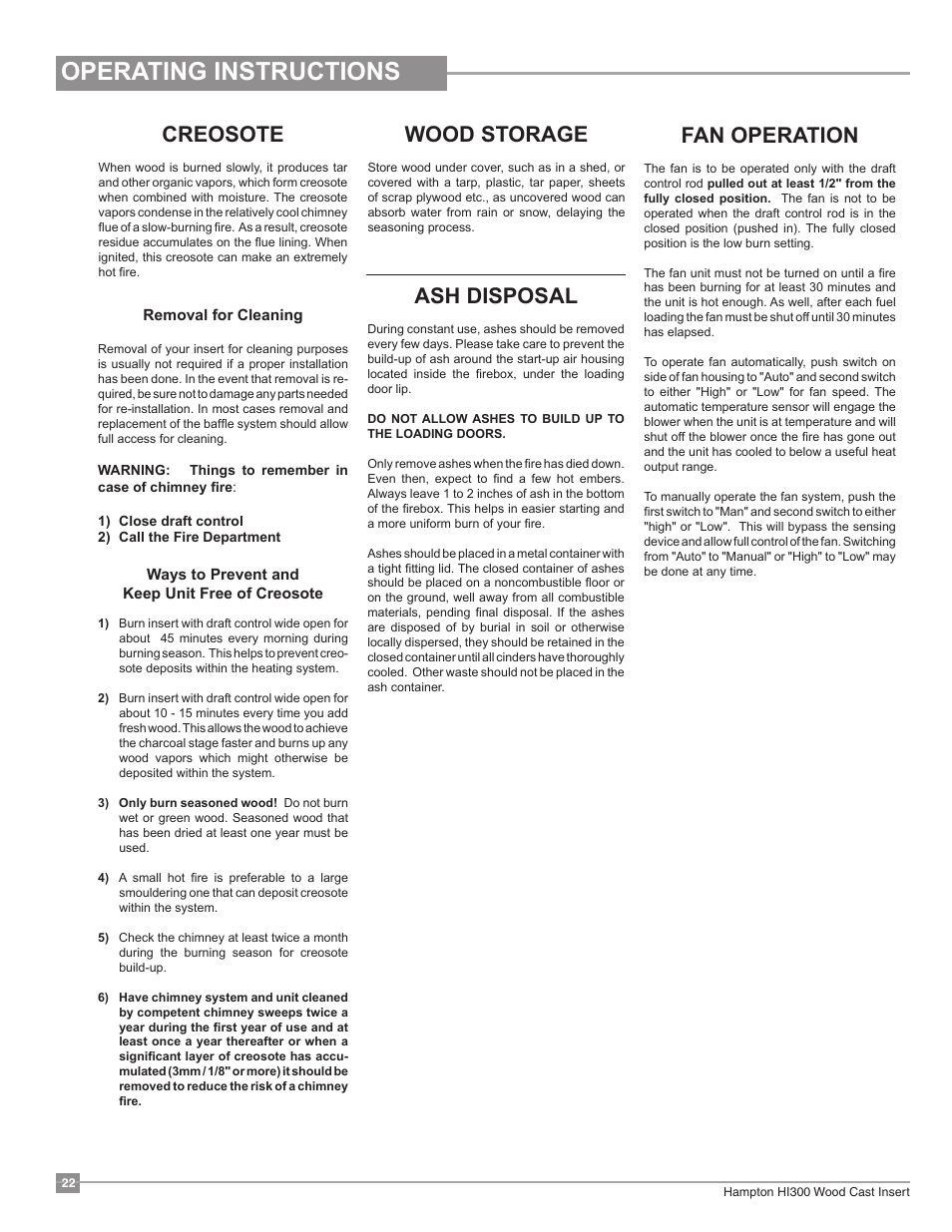 Operating instructions, Ash disposal, Creosote | Fan operation, Wood storage | Regency Hampton HI300 Medium Wood Insert User Manual | Page 22 / 32