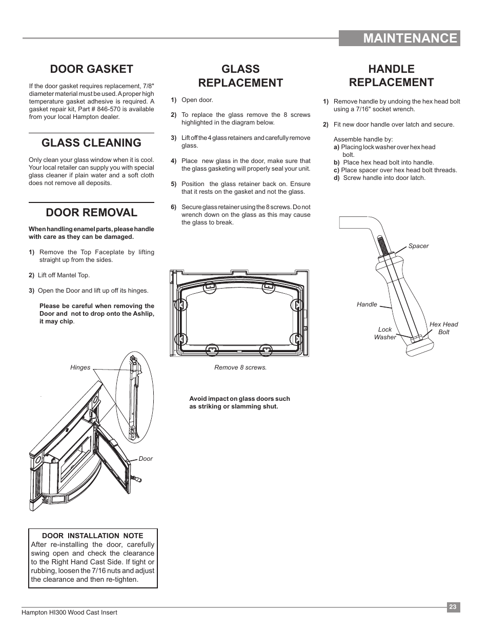 Maintenance, Door gasket, Glass cleaning | Glass replacement, Handle replacement, Door removal | Regency Hampton HI300 Medium Wood Insert User Manual | Page 23 / 32