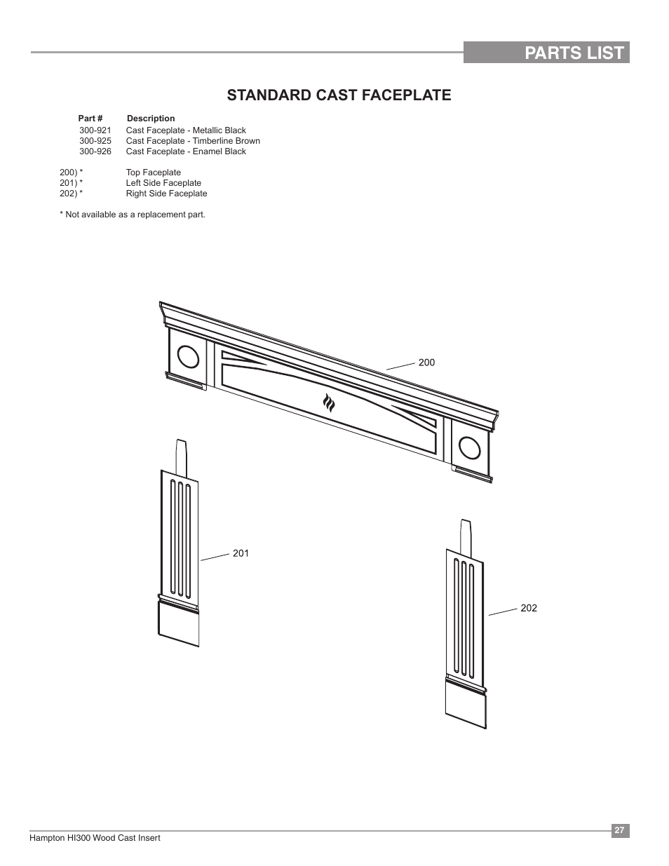 Parts list, Standard cast faceplate | Regency Hampton HI300 Medium Wood Insert User Manual | Page 27 / 32