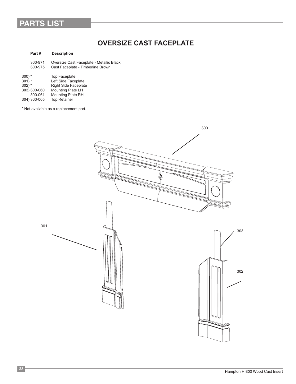 Parts list, Oversize cast faceplate | Regency Hampton HI300 Medium Wood Insert User Manual | Page 28 / 32