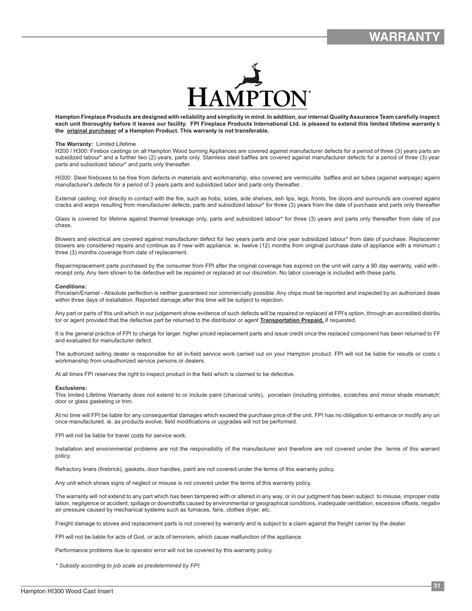 Warranty | Regency Hampton HI300 Medium Wood Insert User Manual | Page 31 / 32