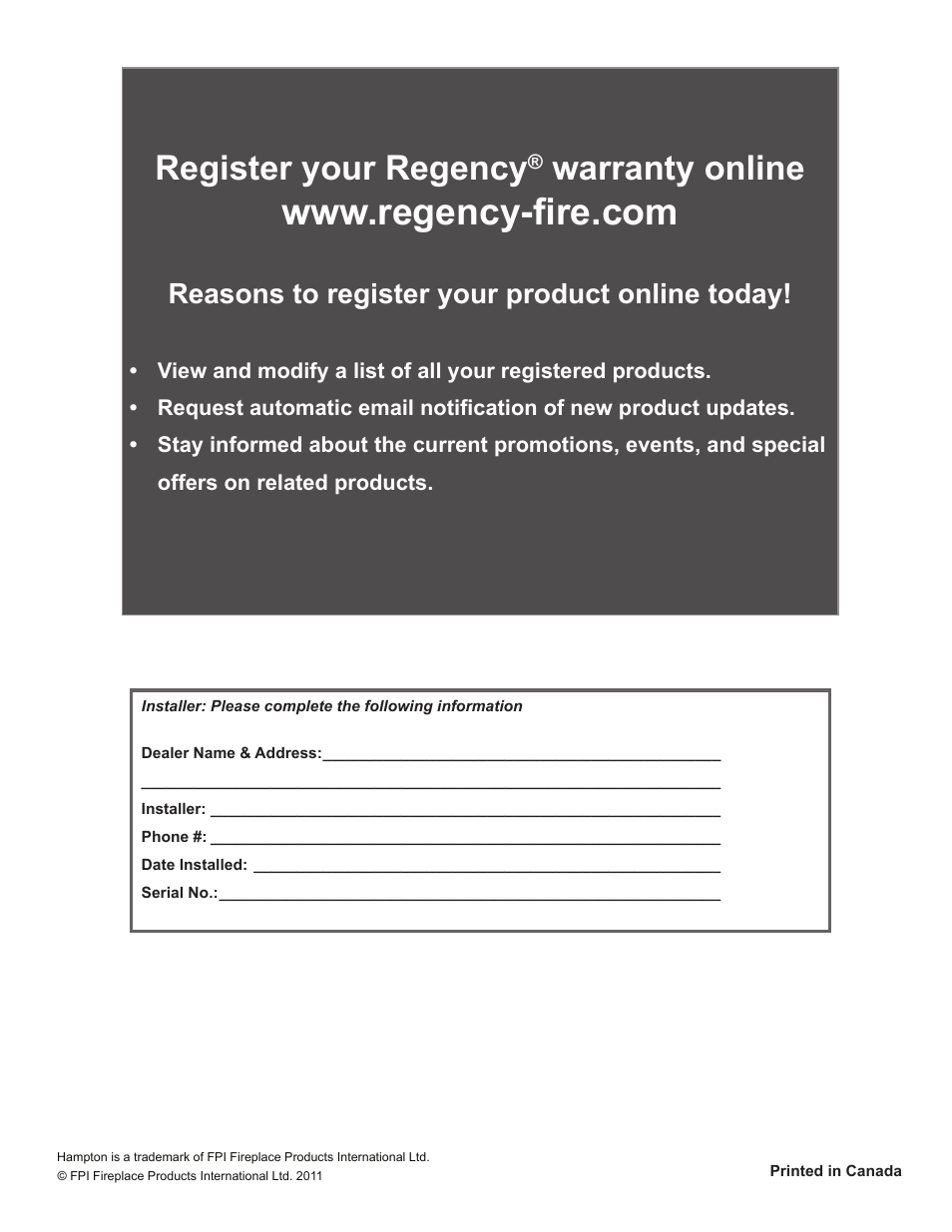 Register your regency, Warranty online, Reasons to register your product online today | Regency Hampton HI300 Medium Wood Insert User Manual | Page 32 / 32