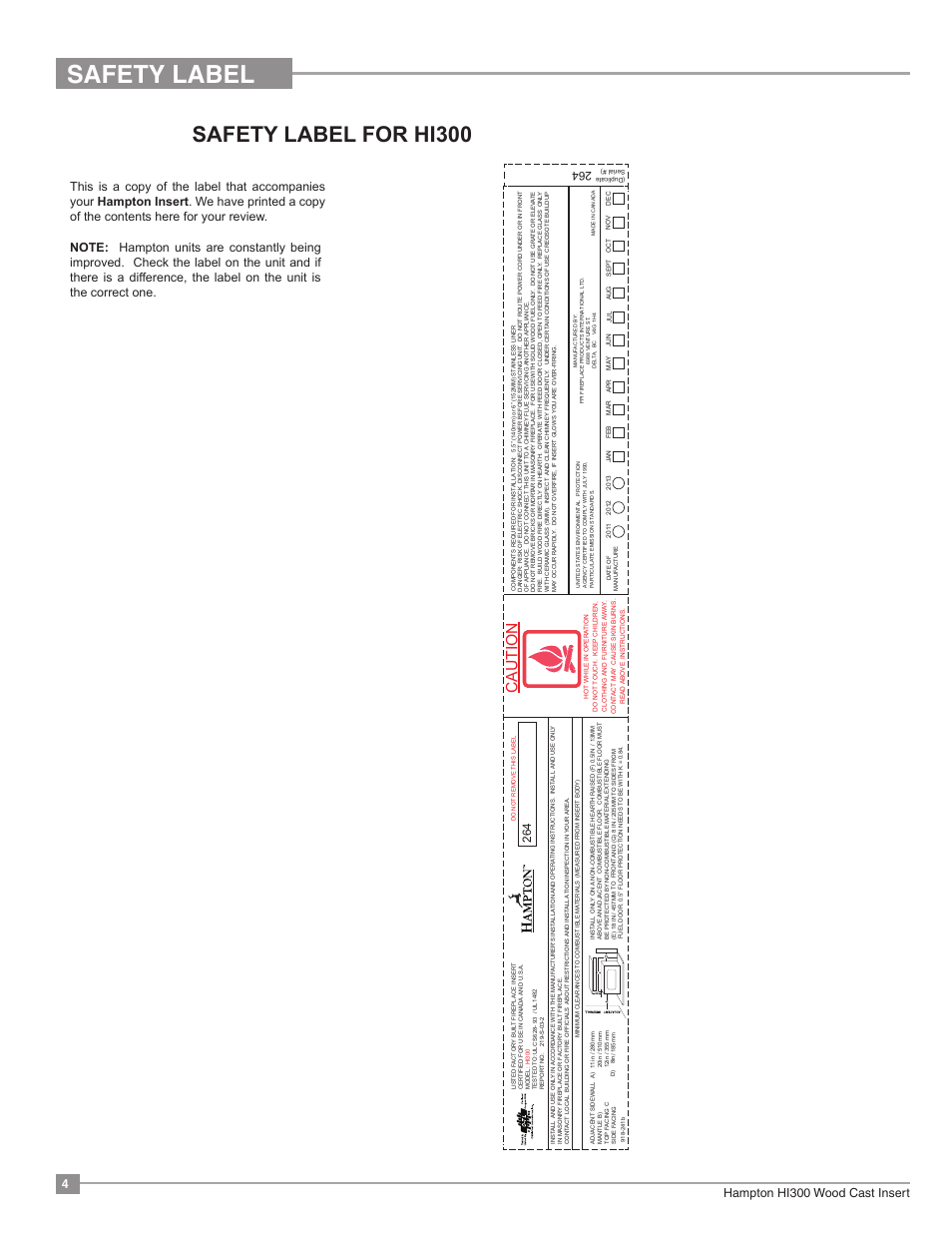 Safety label, Safety label for hi300, Caution | 4hampton hi300 wood cast insert | Regency Hampton HI300 Medium Wood Insert User Manual | Page 4 / 32