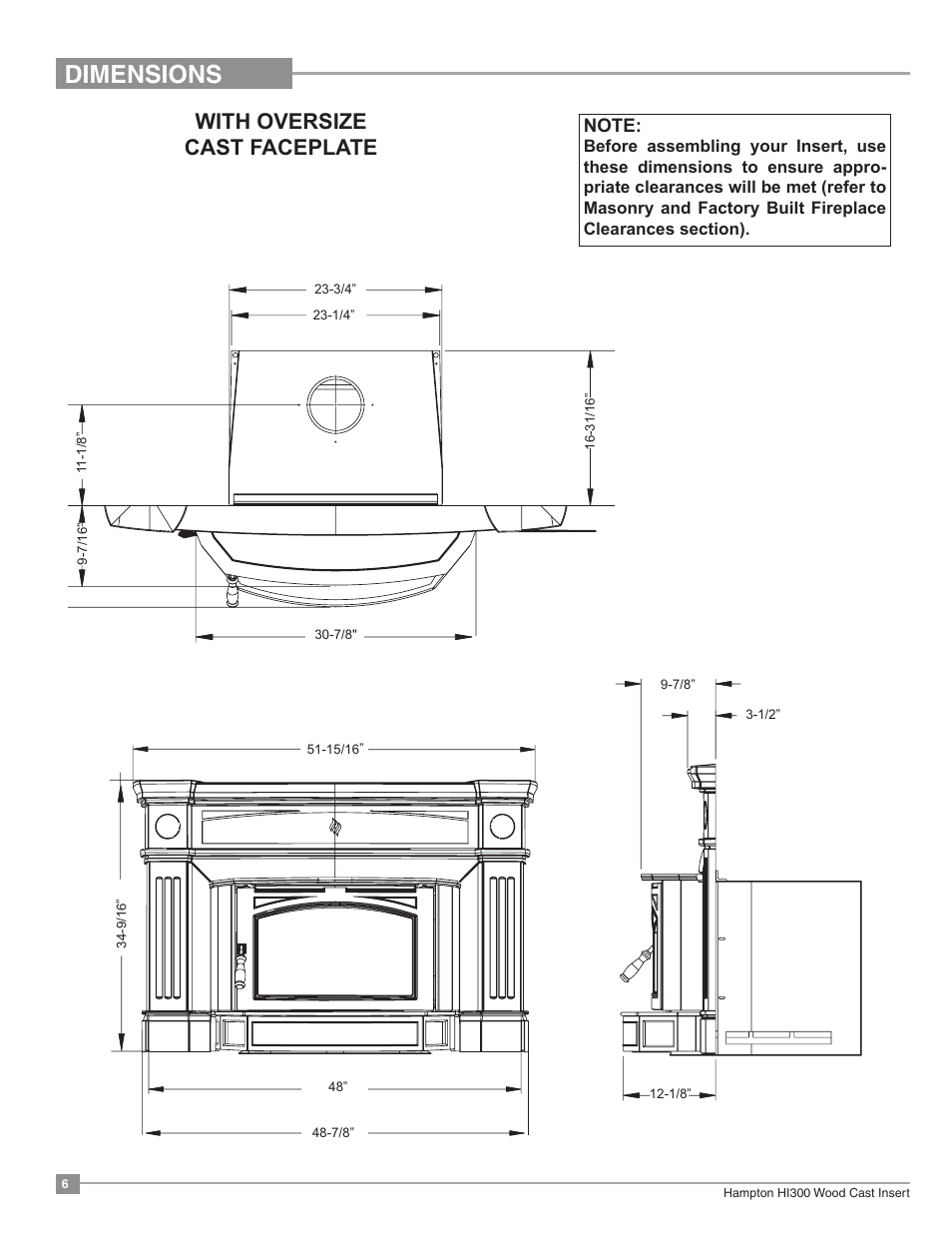 Dimensions, With oversize cast faceplate | Regency Hampton HI300 Medium Wood Insert User Manual | Page 6 / 32