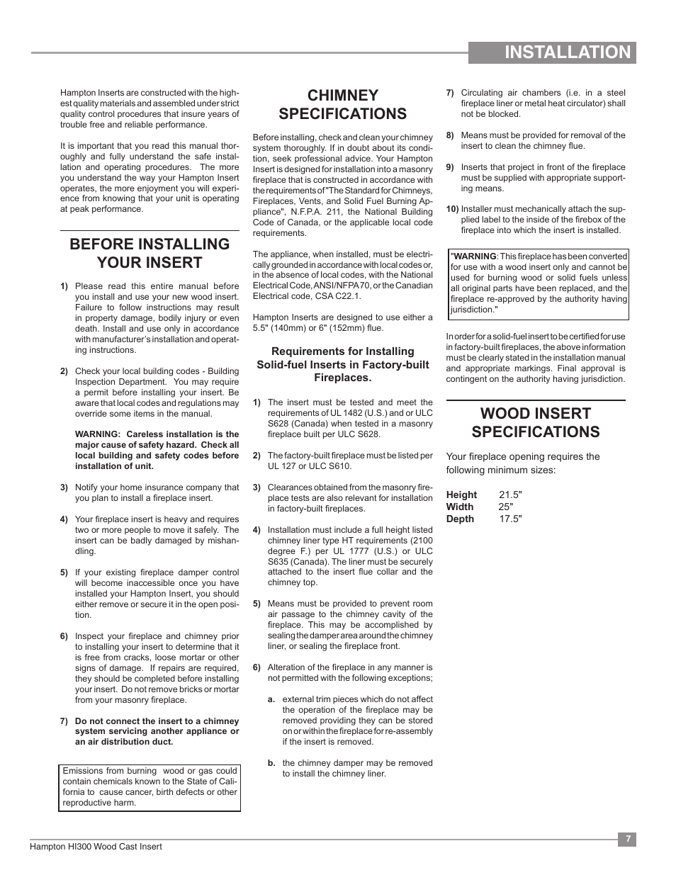 Installation, Chimney specifications, Before installing your insert | Wood insert specifications | Regency Hampton HI300 Medium Wood Insert User Manual | Page 7 / 32