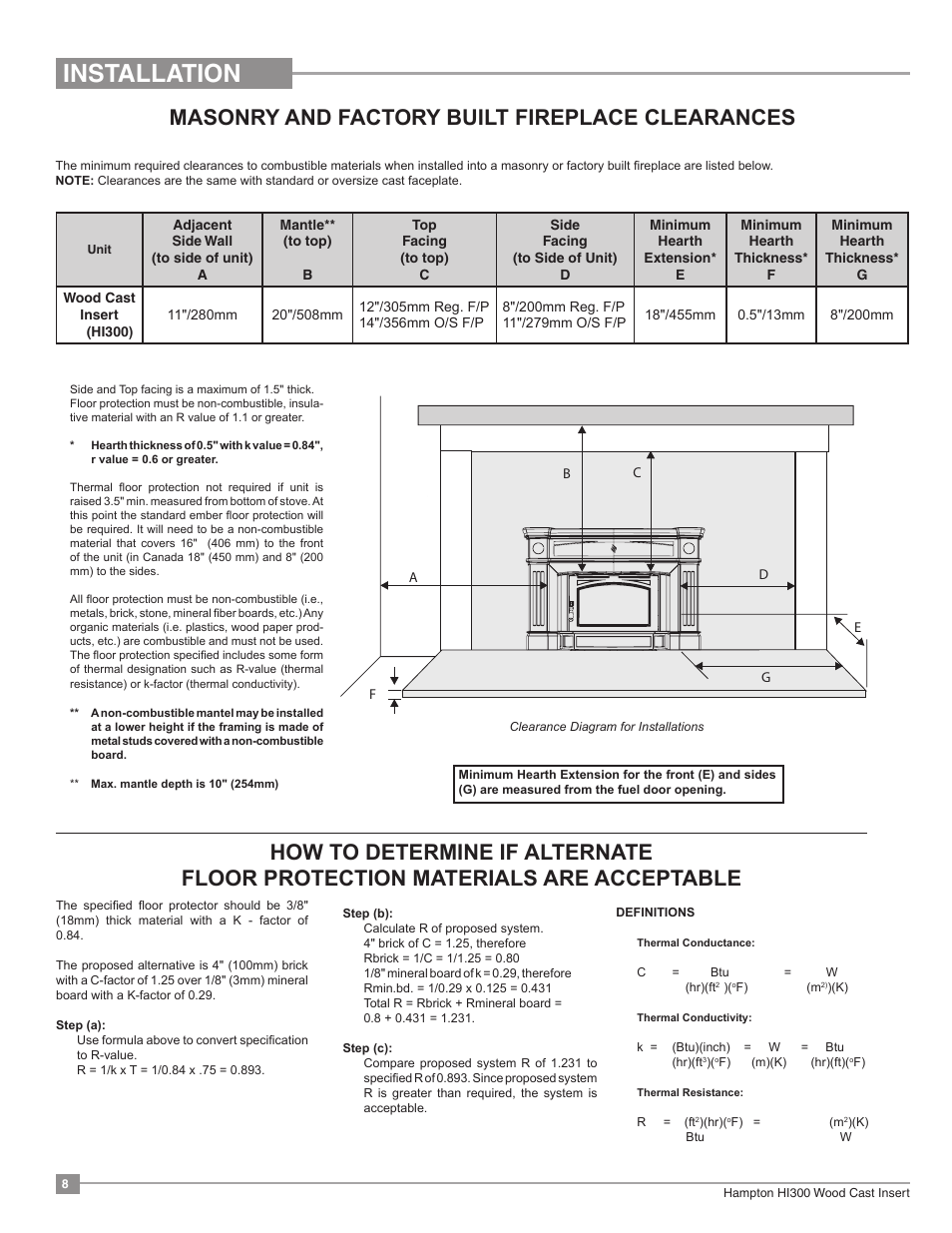 Installation, Masonry and factory built fireplace clearances | Regency Hampton HI300 Medium Wood Insert User Manual | Page 8 / 32