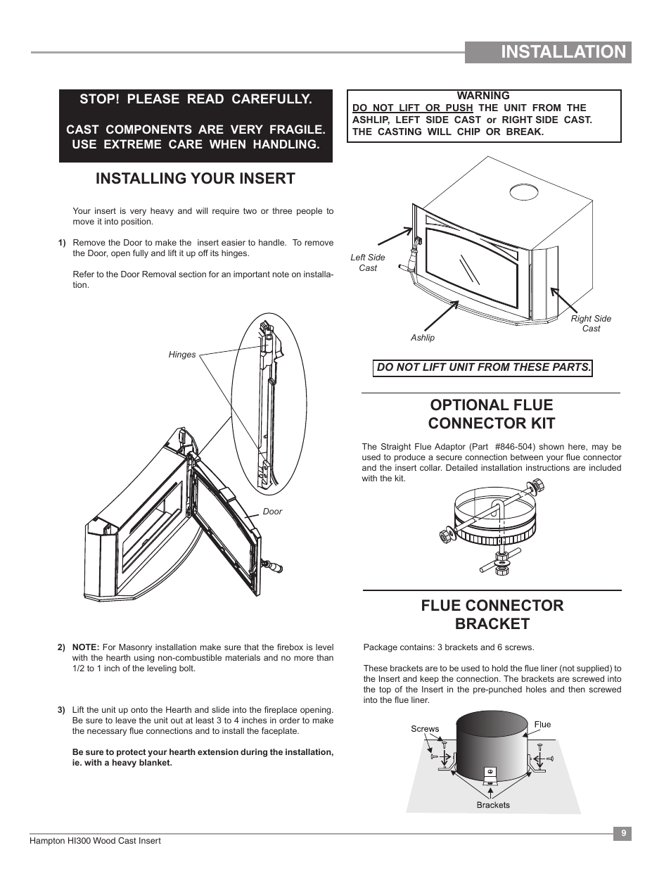 Installation, Flue connector bracket, Optional flue connector kit | Installing your insert, Stop! please read carefully | Regency Hampton HI300 Medium Wood Insert User Manual | Page 9 / 32