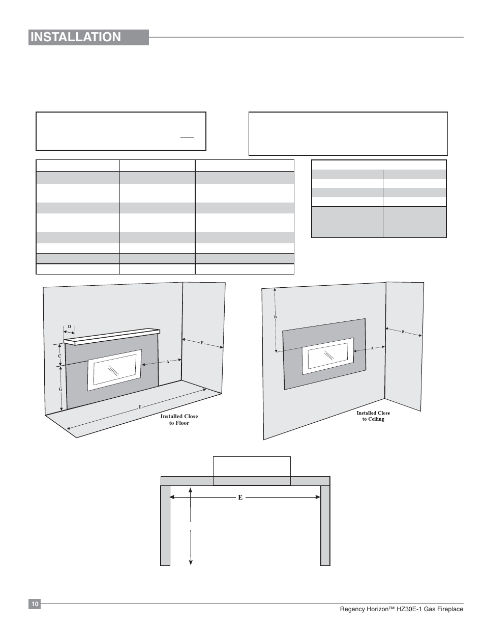 Installation, Clearances | Regency Horizon HZ30E Small Gas Fireplace User Manual | Page 10 / 64