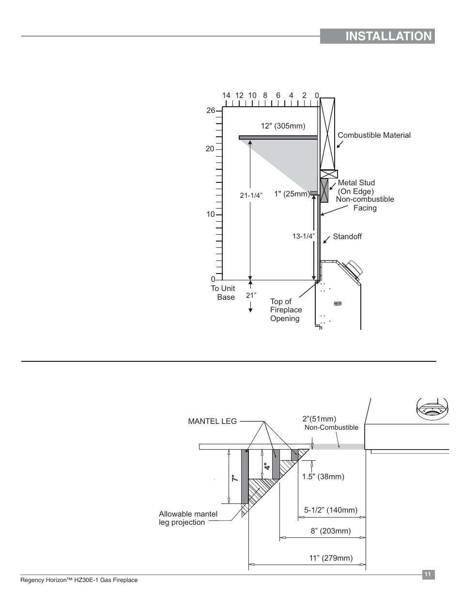 Installation, Mantel clearances, Mantel leg clearances | Regency Horizon HZ30E Small Gas Fireplace User Manual | Page 11 / 64