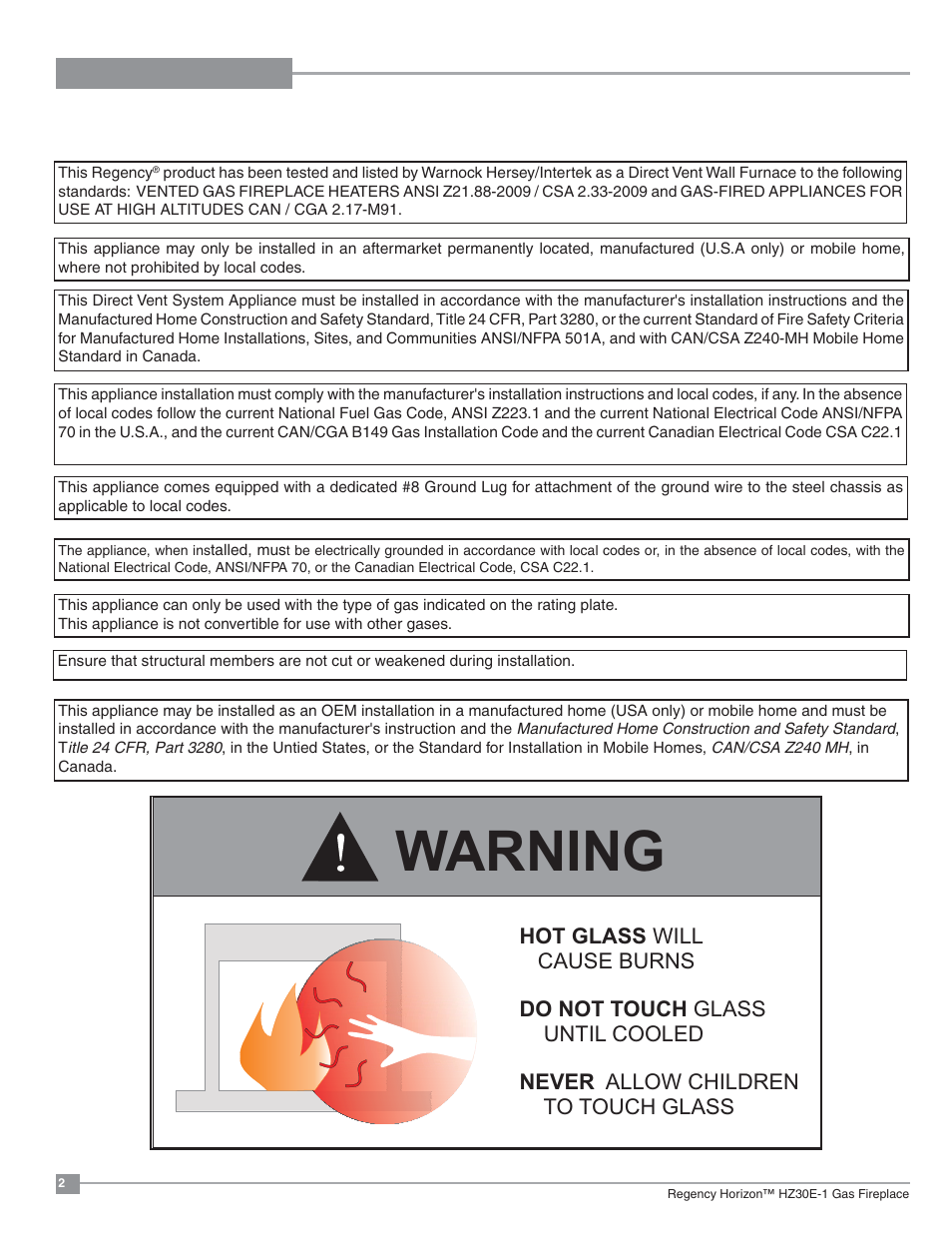 Warning | Regency Horizon HZ30E Small Gas Fireplace User Manual | Page 2 / 64