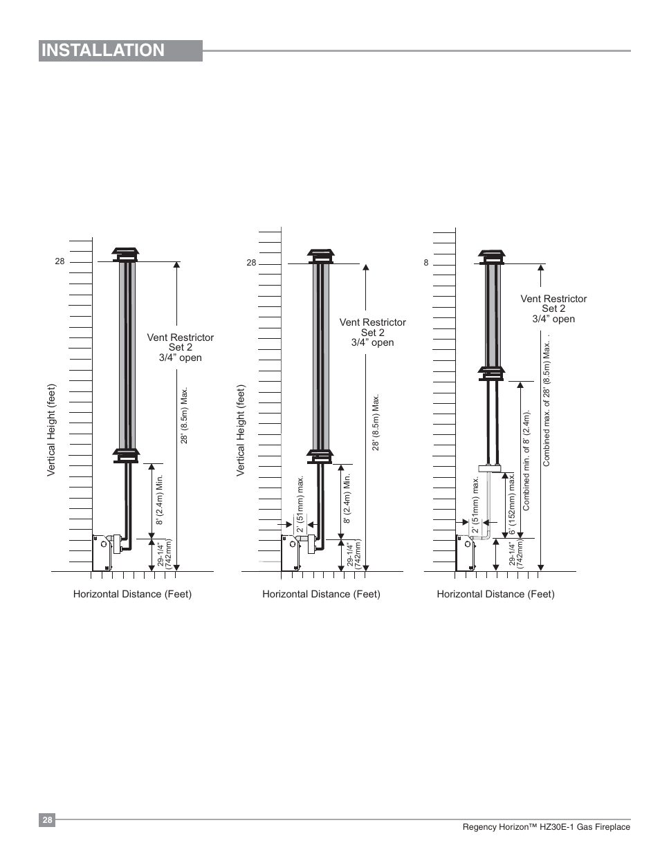 Installation, Venting arrangements - vertical terminations | Regency Horizon HZ30E Small Gas Fireplace User Manual | Page 28 / 64