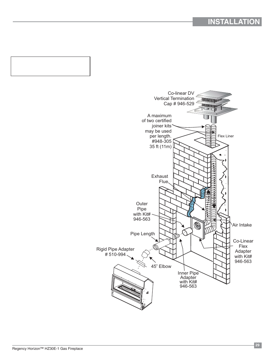 Installation, Vertical termination with co-linear flex system | Regency Horizon HZ30E Small Gas Fireplace User Manual | Page 29 / 64