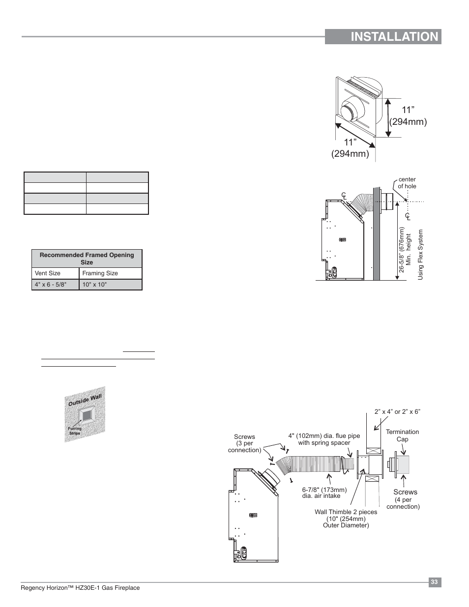 Installation, Unit installation with horizontal termination | Regency Horizon HZ30E Small Gas Fireplace User Manual | Page 33 / 64