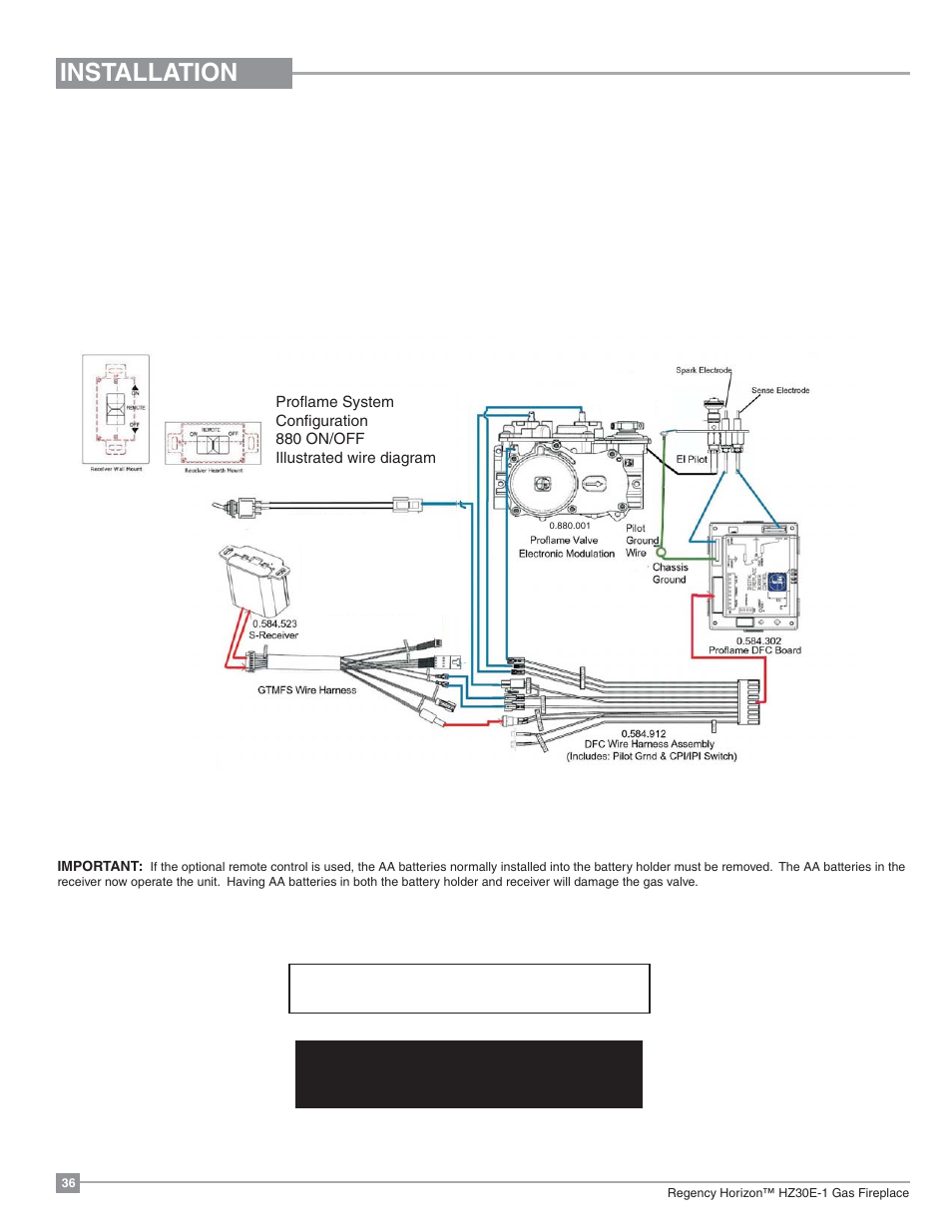 Installation, Wiring diagram, Proflame remote system gtmf | Regency Horizon HZ30E Small Gas Fireplace User Manual | Page 36 / 64