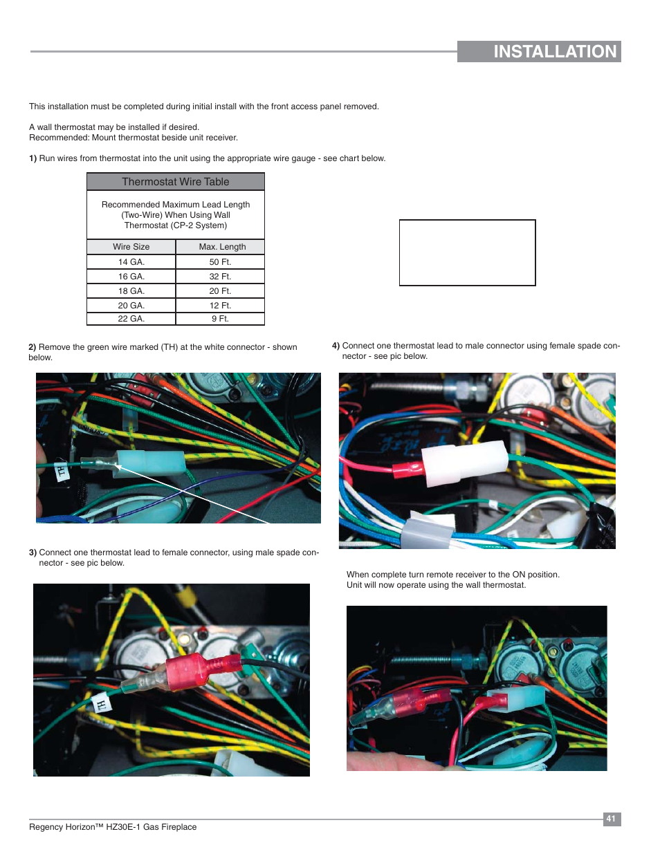 Installation, Optional wall thermostat installation | Regency Horizon HZ30E Small Gas Fireplace User Manual | Page 41 / 64