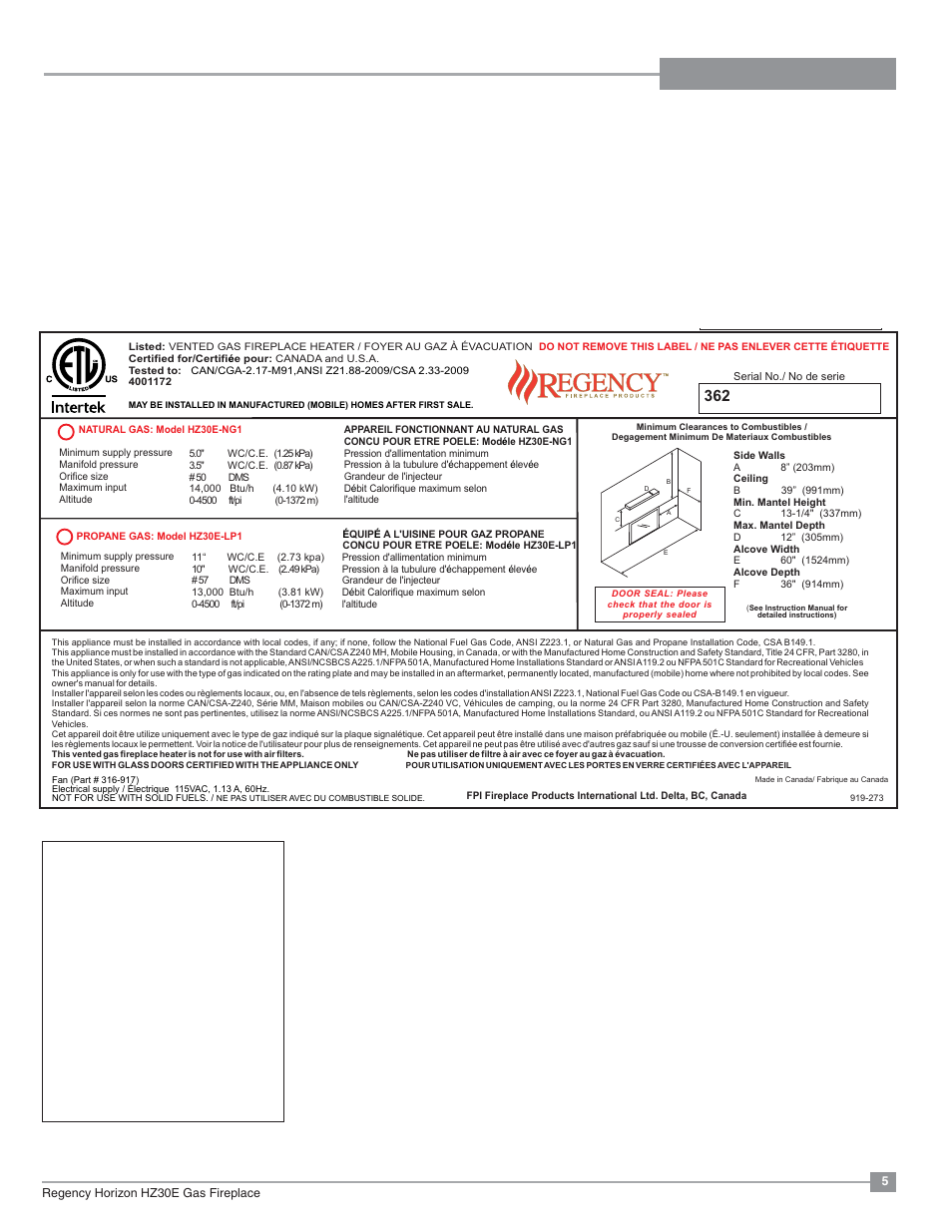 Safety label, Copy of safety decal | Regency Horizon HZ30E Small Gas Fireplace User Manual | Page 5 / 64