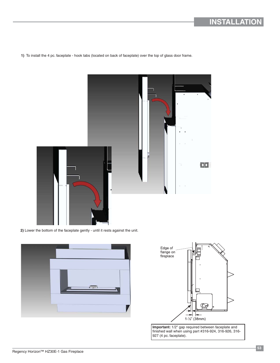 Installation, 4 pc. faceplate installation | Regency Horizon HZ30E Small Gas Fireplace User Manual | Page 53 / 64