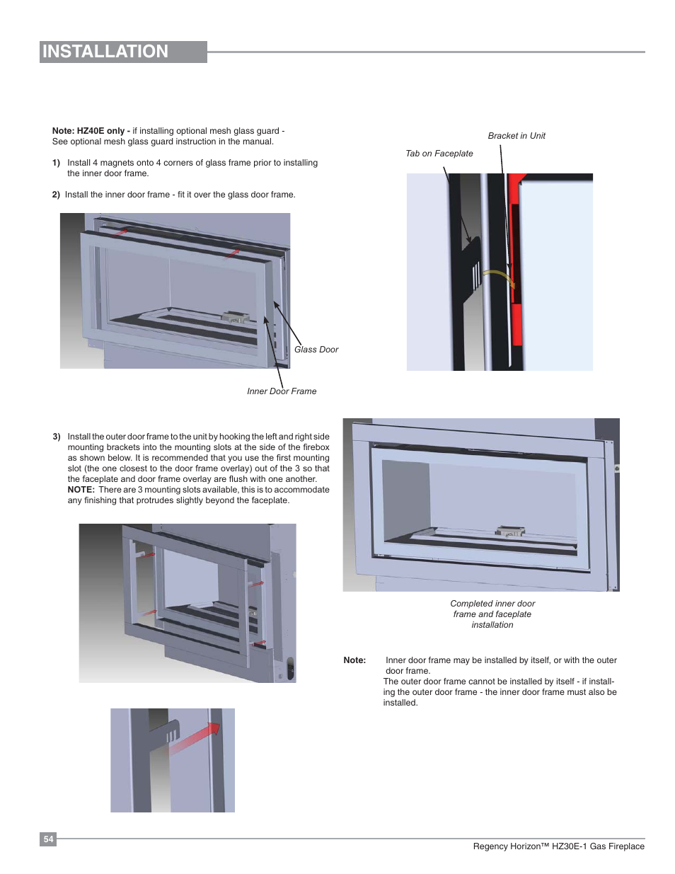 Installation, Outer and inner door frame installation | Regency Horizon HZ30E Small Gas Fireplace User Manual | Page 54 / 64