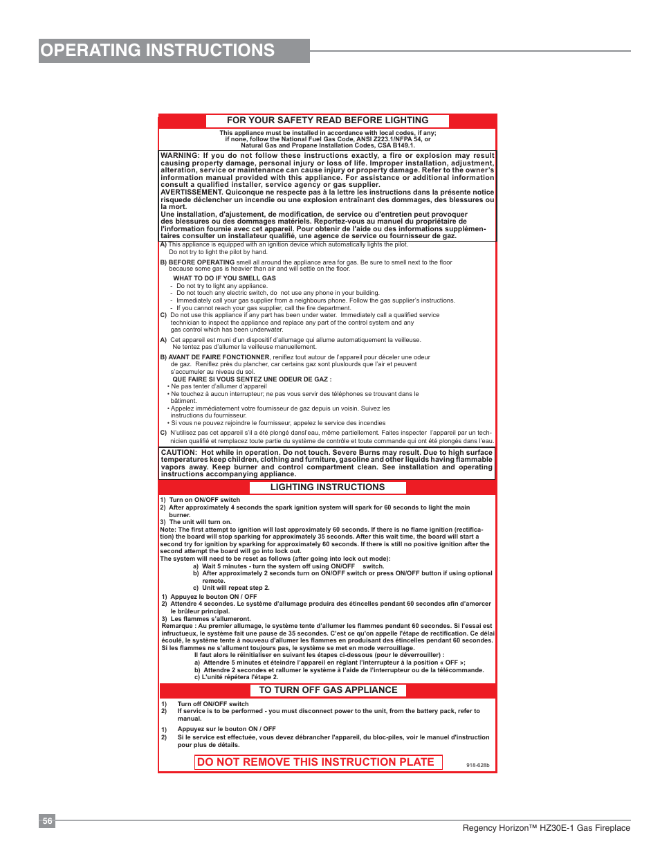 Operating instructions, Copy of lighting plate instructions, Do not remove this instruction plate | Regency Horizon HZ30E Small Gas Fireplace User Manual | Page 56 / 64