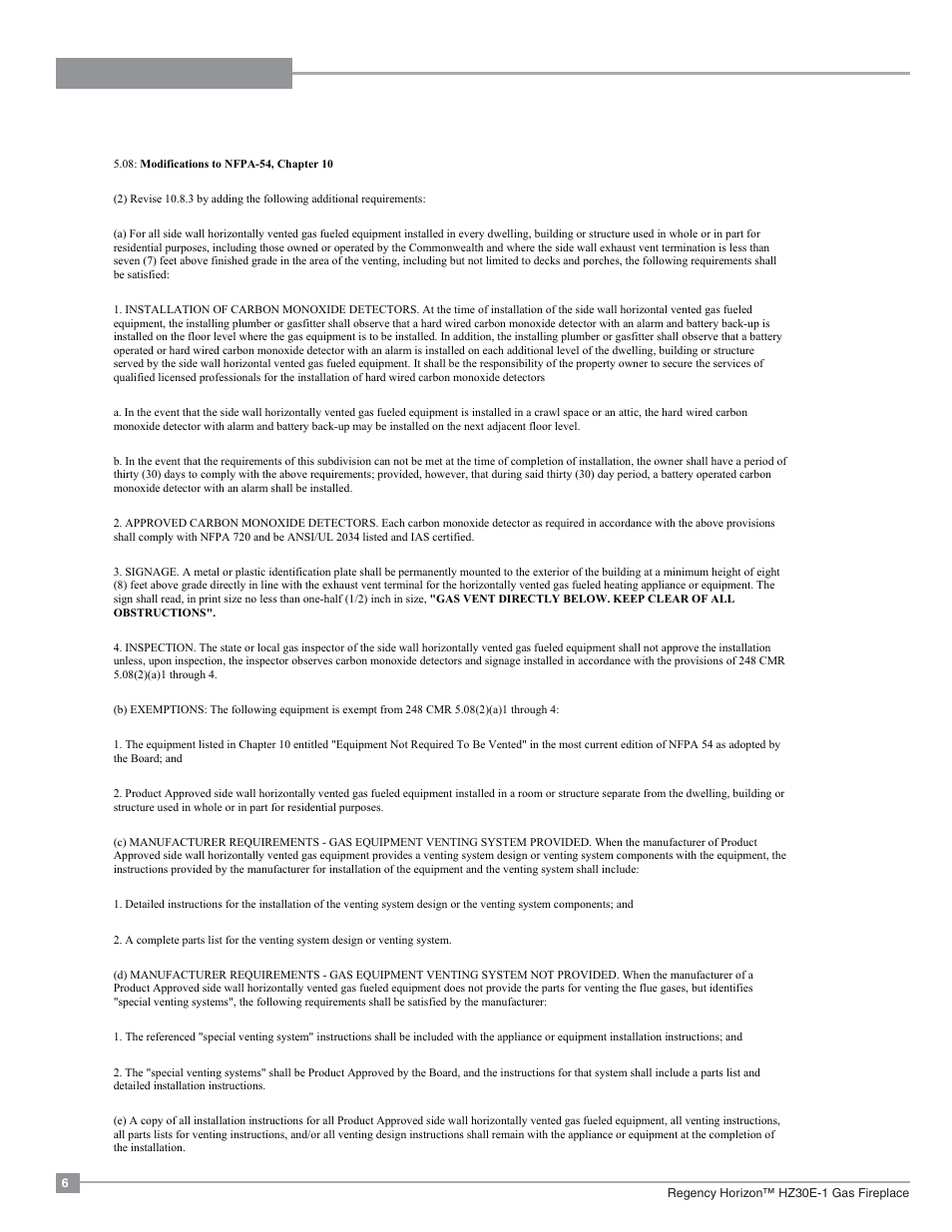 Requirements, Ma code - co detector | Regency Horizon HZ30E Small Gas Fireplace User Manual | Page 6 / 64