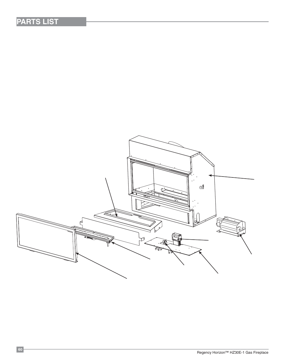 Parts list, Main assembly | Regency Horizon HZ30E Small Gas Fireplace User Manual | Page 60 / 64