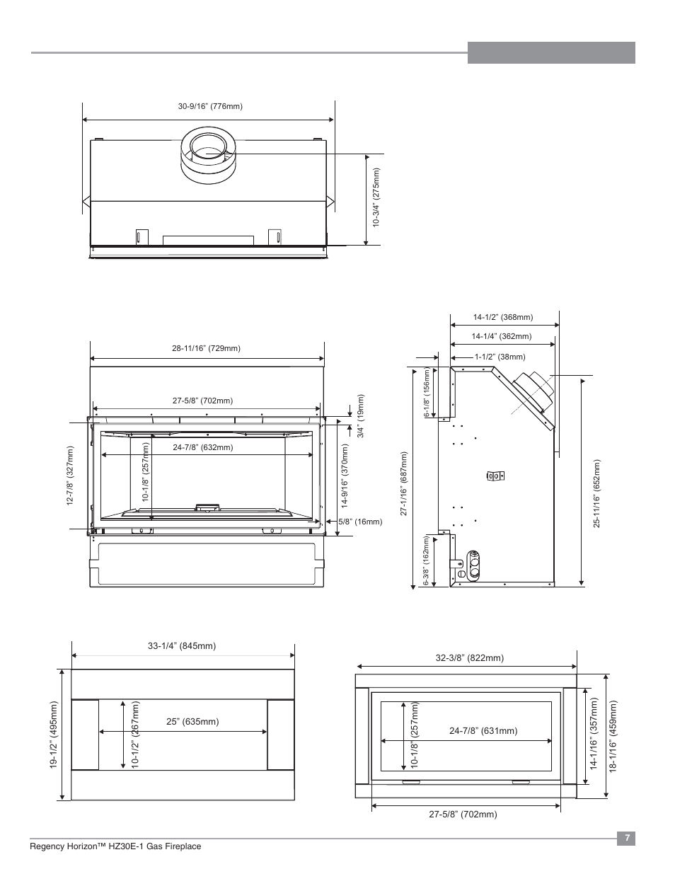 Dimensions, Unit dimensions, Faceplate and door frame dimensions | Regency Horizon HZ30E Small Gas Fireplace User Manual | Page 7 / 64