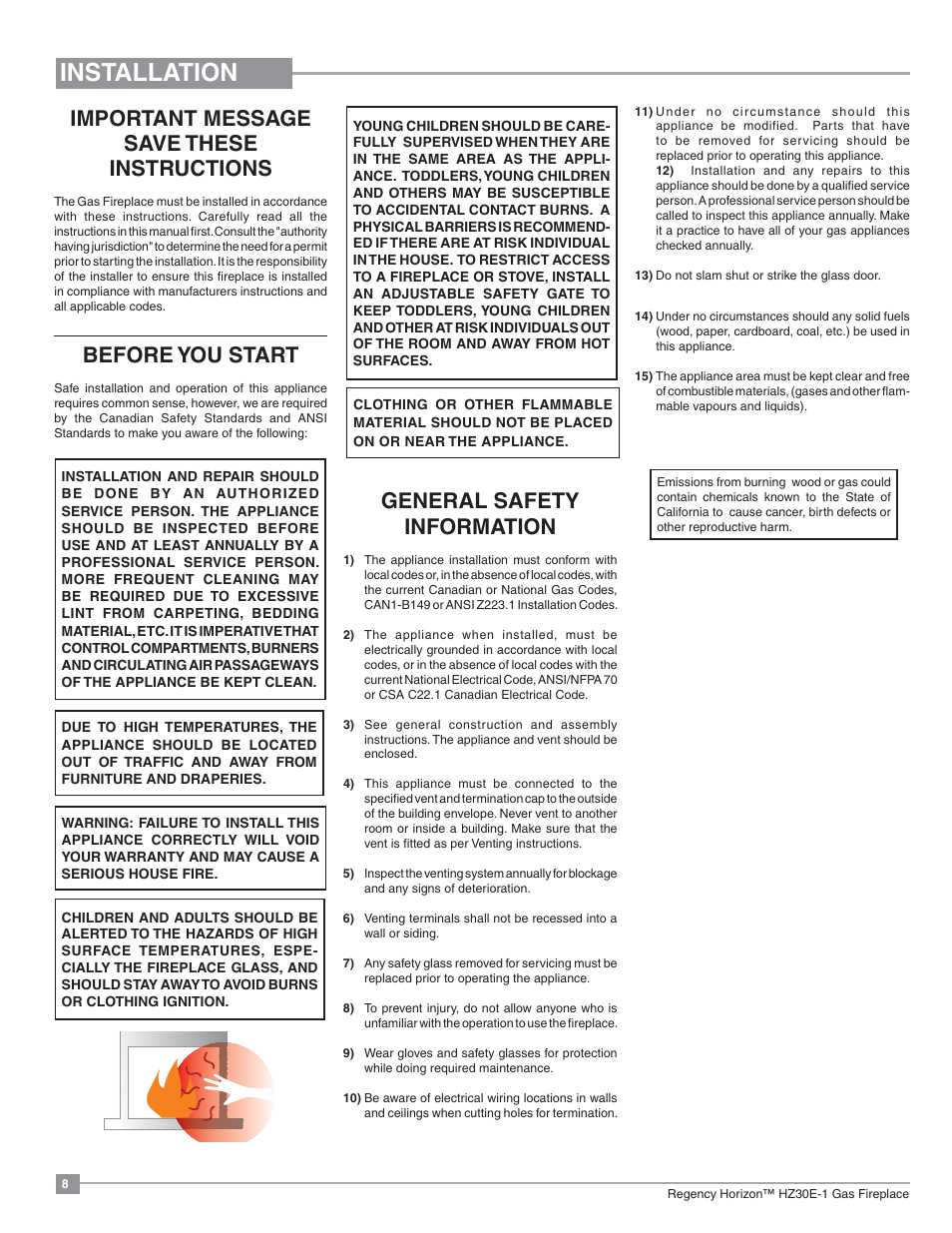 Installation, Important message save these instructions, Before you start | General safety information | Regency Horizon HZ30E Small Gas Fireplace User Manual | Page 8 / 64