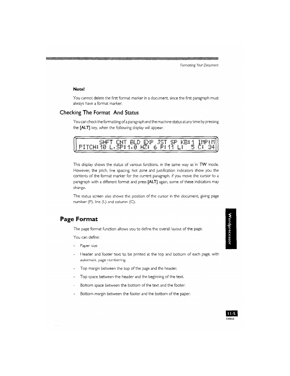 Checking the format and status, Shft cnt bld exp jst sf, Y hxs fc p= 11 l | Page format | Brother CM-2000 User Manual | Page 115 / 201