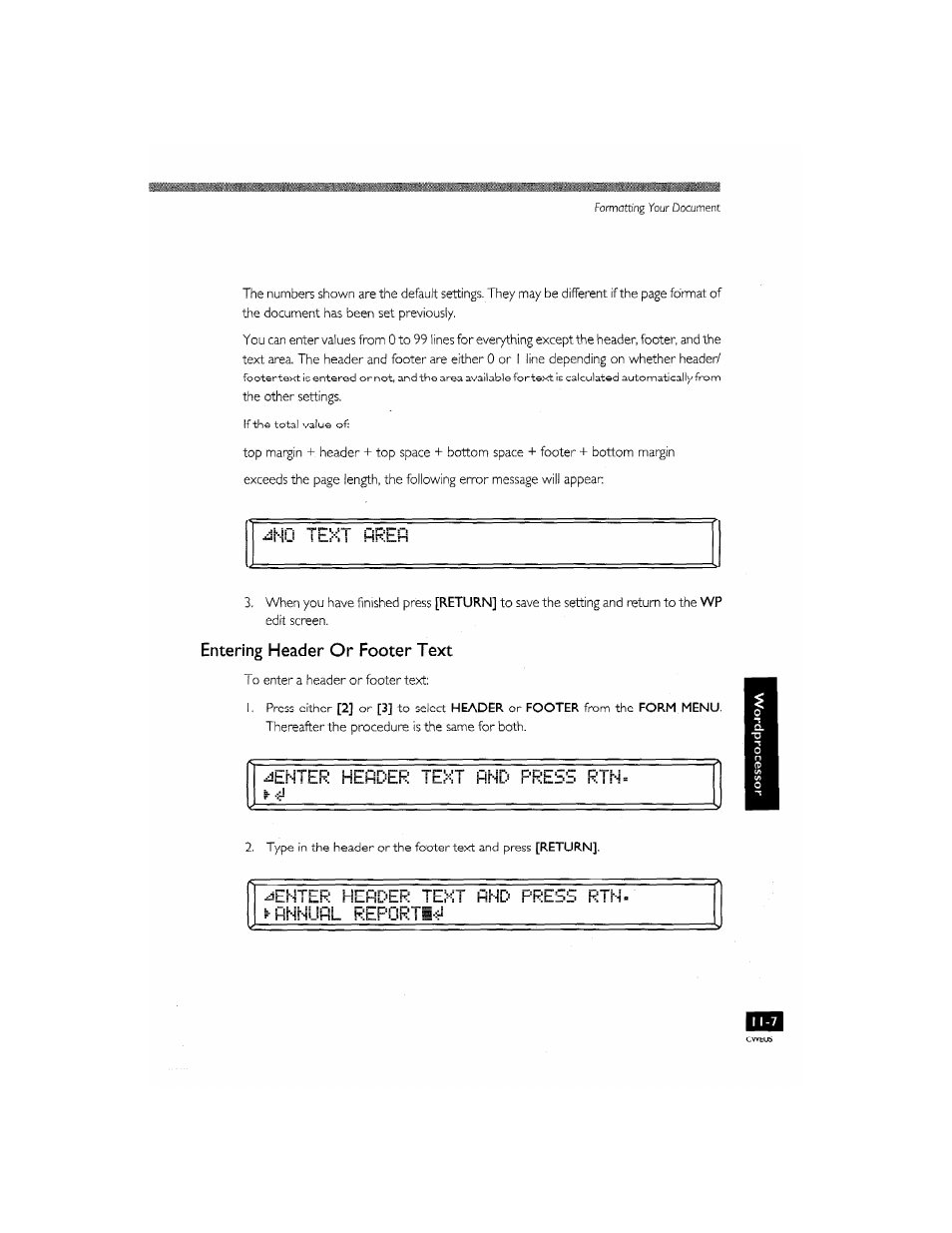 Entering header or footer text, Entering header or footer text..... i 1-7, 3enter he | Ccr text i=ind press rtn, Center he5c€r_text innd press rtn- f ftnnusl kep | Brother CM-2000 User Manual | Page 117 / 201