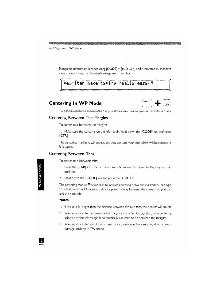 Centering between the margins, Centering between tabs, Centering between margins -3 | Centering between tabs -3, Centering in wp mode | Brother CM-2000 User Manual | Page 122 / 201