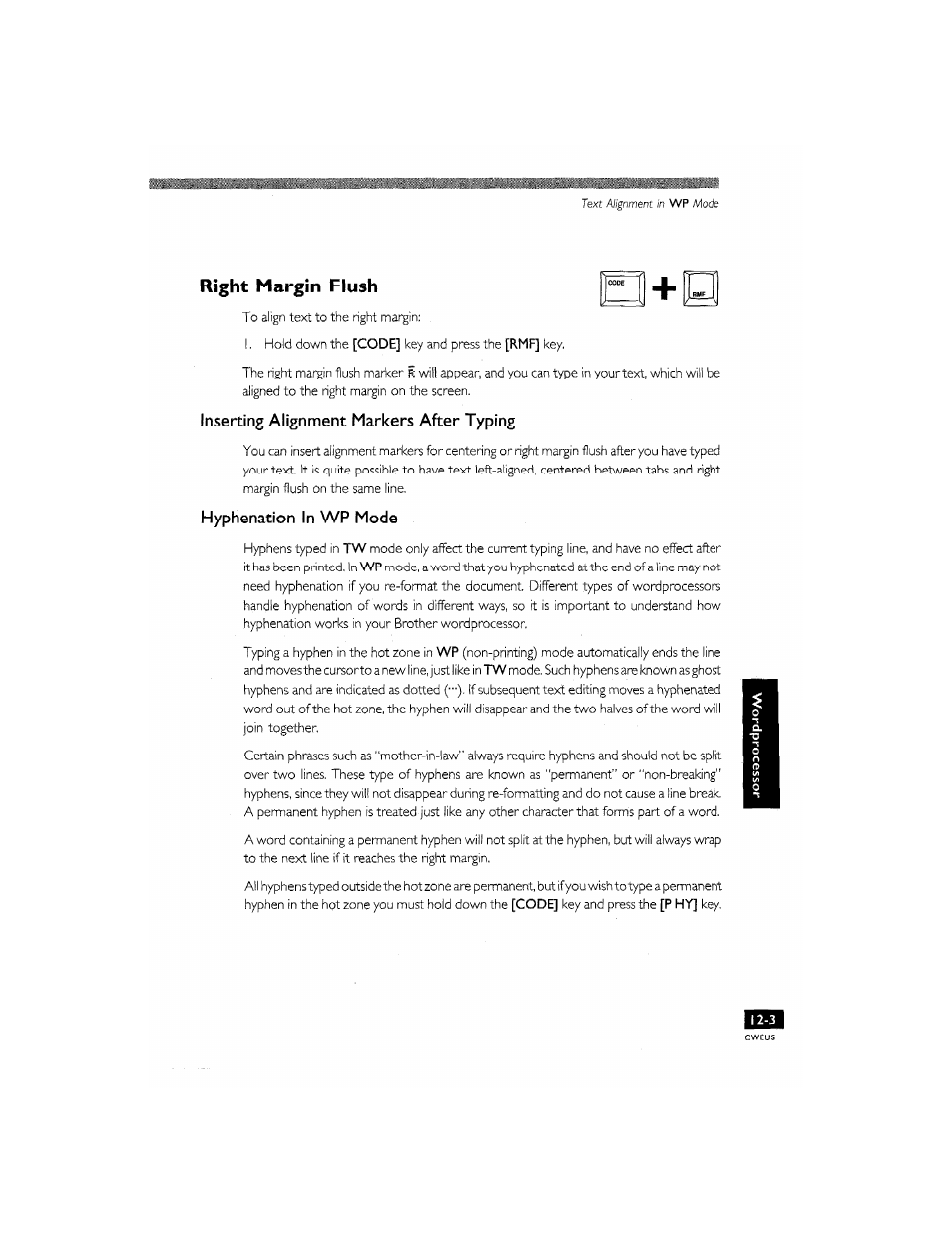 Inserting alignment markers after typing, Hyphenation in wp mode, Centering in wp mode -2 | Right margin flush | Brother CM-2000 User Manual | Page 123 / 201