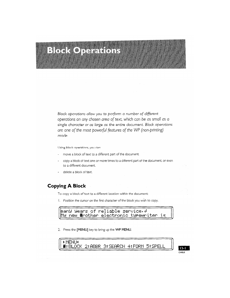 Copying a block, Mehln, 1^block 2-rbbr sssefirch 4=form 5 s spell | Copying a block -1, My nsw srother, 10ct-ronic: t.yp0«.ijrit.er is, Mehln 1^block 2-rbbr sssefirch 4=form 5 s spell | Brother CM-2000 User Manual | Page 127 / 201