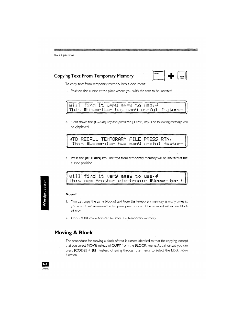 Copying text from temporary memory, Will find it- uer'j 0-bsy t-o, Jtu keuhll tempurhlrv file prebb kth | M.eiir find it ugr-y 0-3sy to use, Tu keu, Tempurhlrv file prebb kth, Tsn h, Moving a block | Brother CM-2000 User Manual | Page 130 / 201