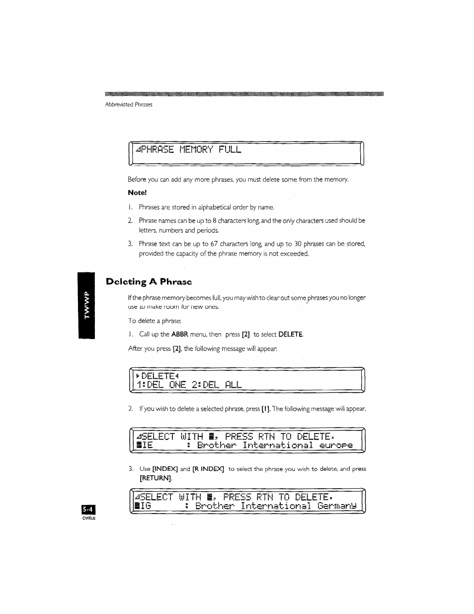 Jphrnbb riemijrv h ull, Deleting a phrase, Delete | 3select ij.iith sr. press rtn to delete | Brother CM-2000 User Manual | Page 146 / 201