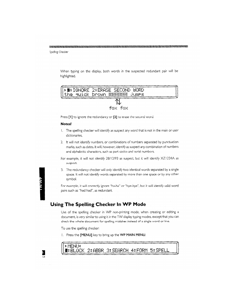 Fox fox, Using the spelling checker in wp mode, S- menln | Is block zspbbr sssefirch 4s form 5s spell | Brother CM-2000 User Manual | Page 164 / 201