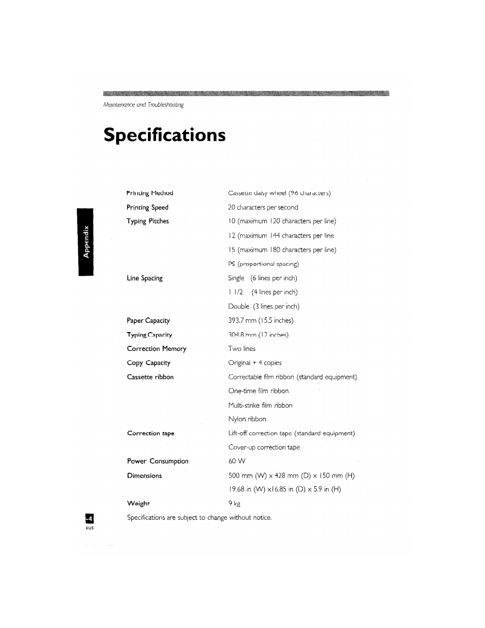 Specifications | Brother CM-2000 User Manual | Page 194 / 201